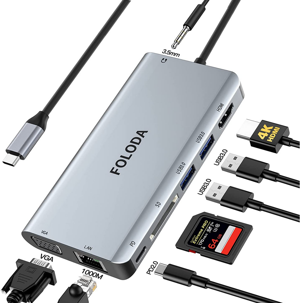 Foloda USB 8 in 1 Dockingstation mit USB C, 4K HDMI, LAN, SD u.v.m. für 29,99€ (statt 50€)