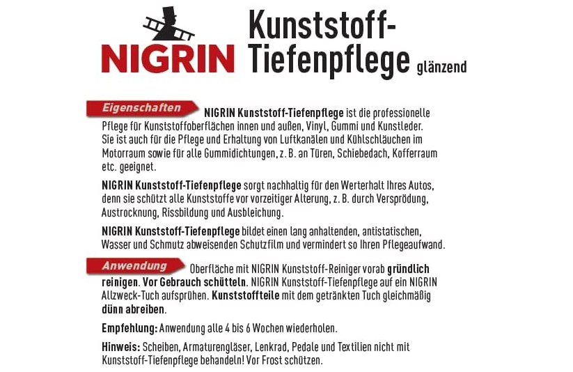 Nigrin Kunststoff Tiefenpflege, glänzend, 300 ml für 3,16€ (statt 9€)   Prime