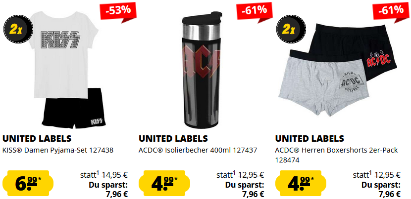 SportSpar: 3 für 2 Merch Sale   z.B. ACDC Iso Becher + Pink Floyd T Shirt + ACDC Shorts für 17€ (statt 30€)