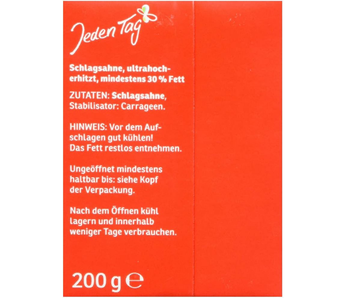 Jeden Tag H Schlagsahne 30%, 200 g für 0,65€ (statt 1€)   Prime