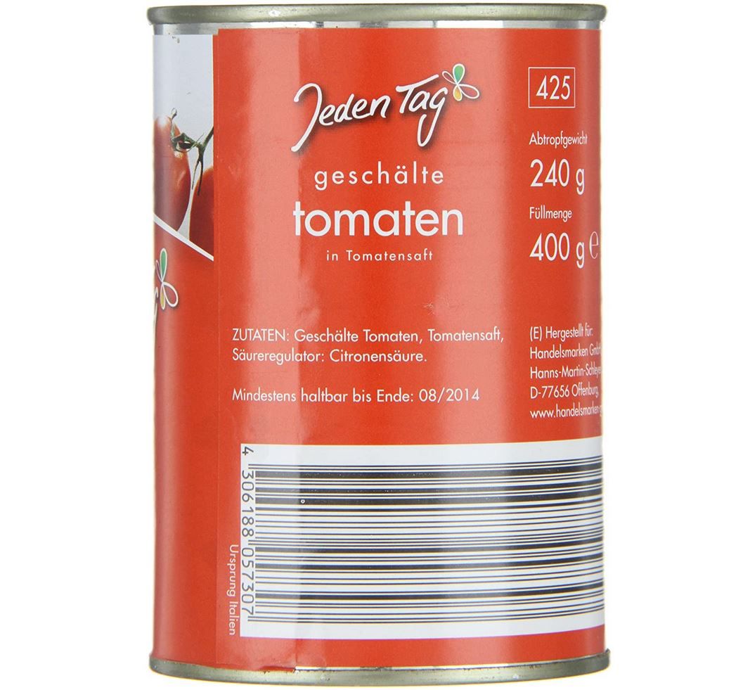 400g Jeden Tag geschälte Tomaten in Tomatensaft ab 0,55€ (statt 0,89€)   Prime