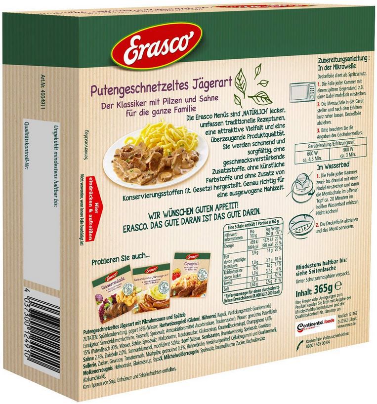 4x Erasco Putengeschnetzeltes mit Pilzrahmsauce und Spätzle ab 10,76€ (statt 13€)   Prime Sparabo