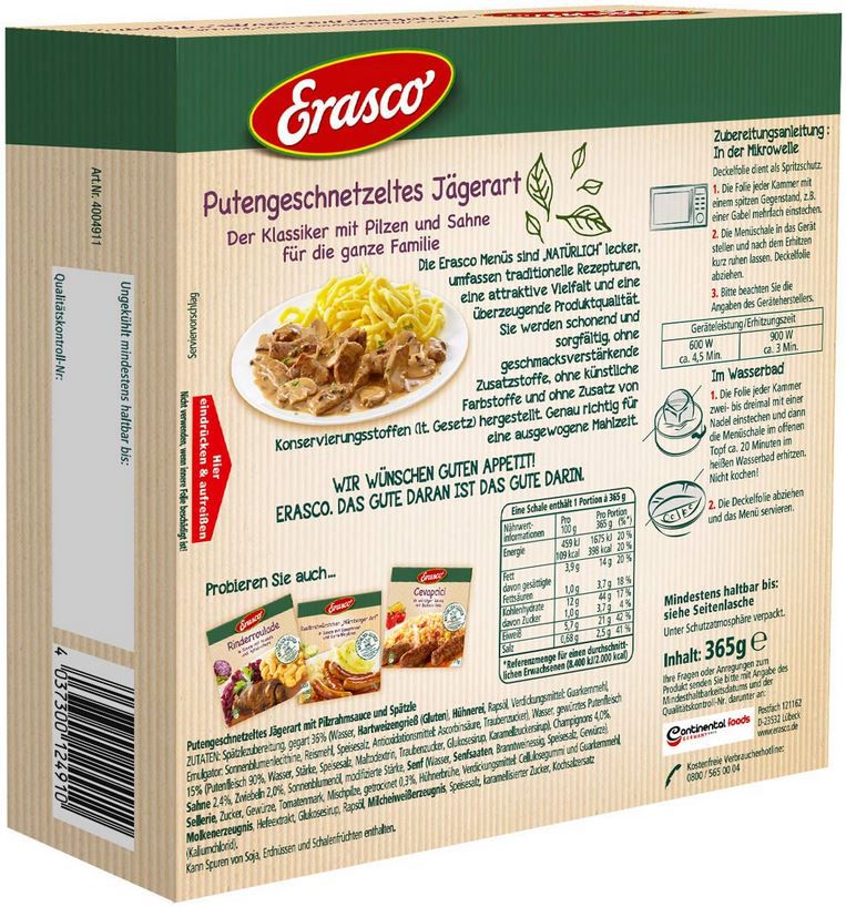 4x Erasco Putengeschnetzeltes mit Pilzrahmsauce und Spätzle ab 10,76€ (statt 13€)   Prime Sparabo