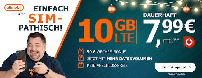 Vodafone Allnet Flat 10GB LTE für 7,99€ mtl. + 50€ Bonus + 20€ Gutschein