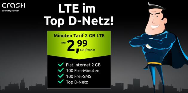 🔥 Vodafone Tarif von Crash mit 100 Min, 100 SMS + 2GB LTE für 2,99€ mtl.