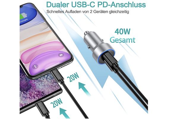 BHHB USB C 40W 2 Port Ganzmetall Autoladegerät für 6,39€ (statt 8€)   lange Lieferzeit