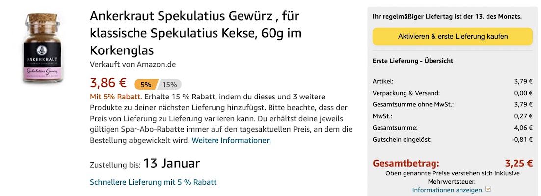 Ankerkraut Spekulatius Gewürz für klassische Spekulatius Kekse für 3,25€ (statt 6€)   Prime