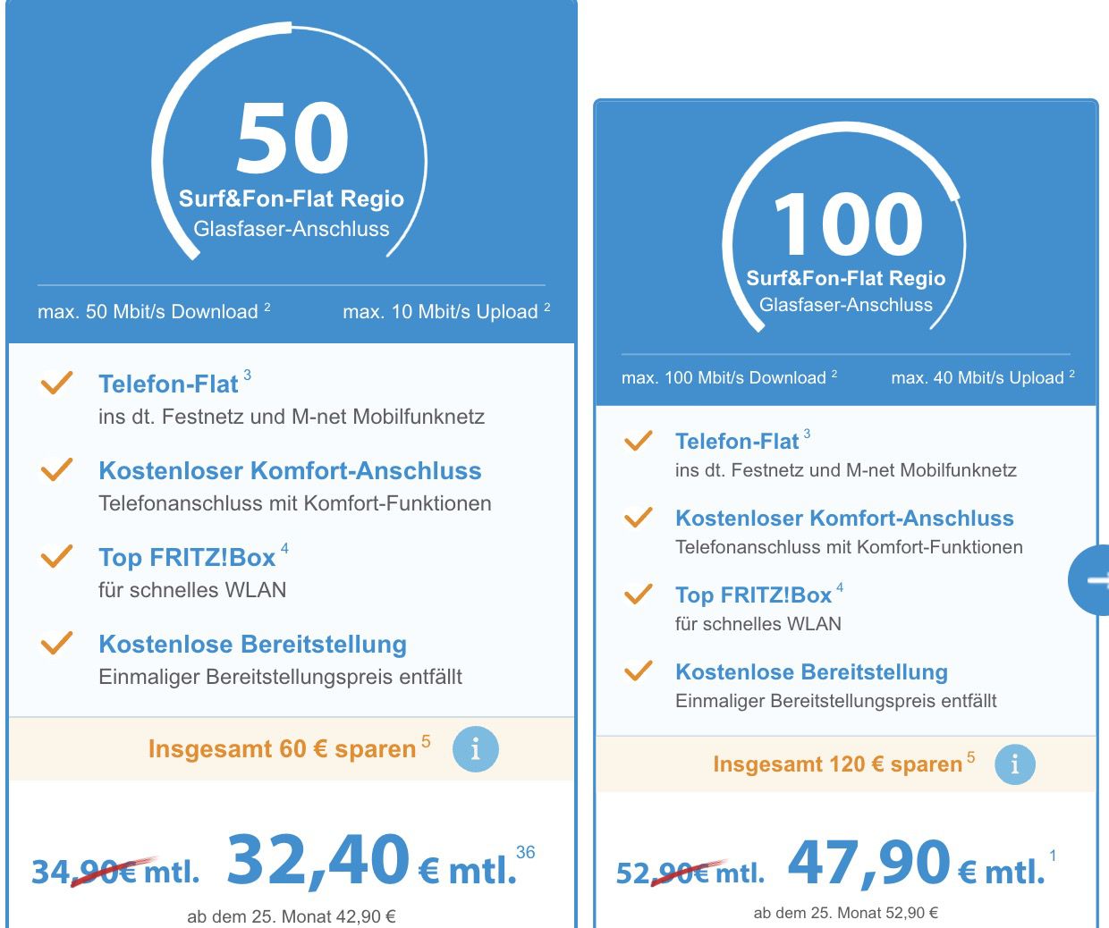 M net Glasfaser: bis zu 120€ Gutschrift bei Surf&Fon Flat 100 / 300 / 600