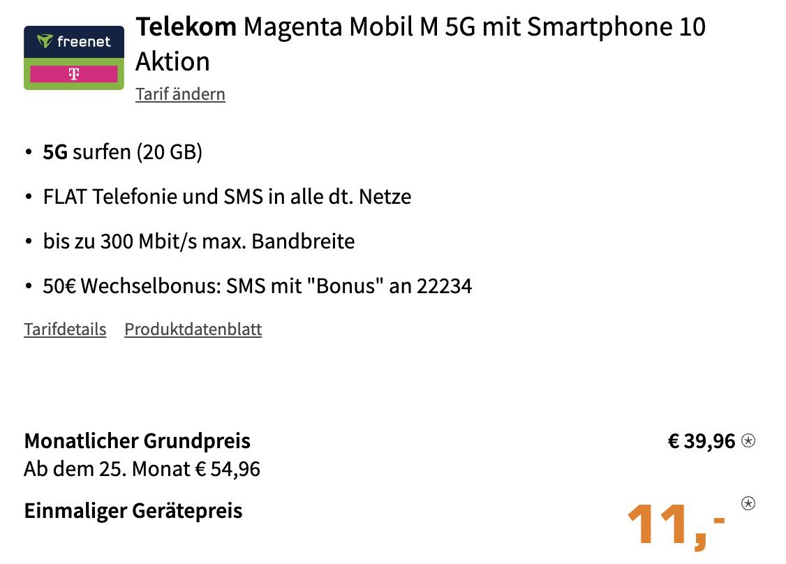 Apple iPhone 13 mit 128GB für 11€ + Telekom Allnet Flat mit 20GB 5G/LTE für 39,96€ mtl. + 50€ Bonus