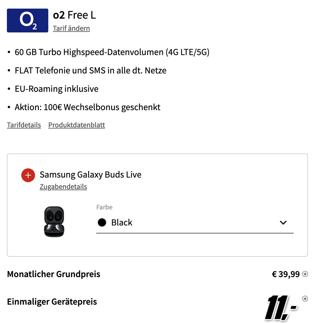 Samsung Galaxy Galaxy S22+ inkl. Buds Live für 11€ + o2 Allnet Flat mit 60GB LTE/5G für 39,99€ mtl. + 100€ Bonus
