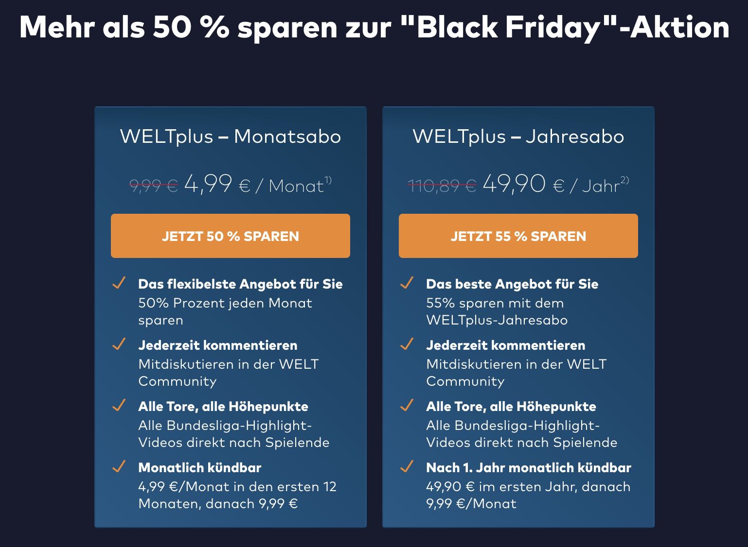 WELTplus Black Friday Angebote bis zu 55% Rabatt   ab 4,99€ mtl. inkl. Bundesliga Video Highlights