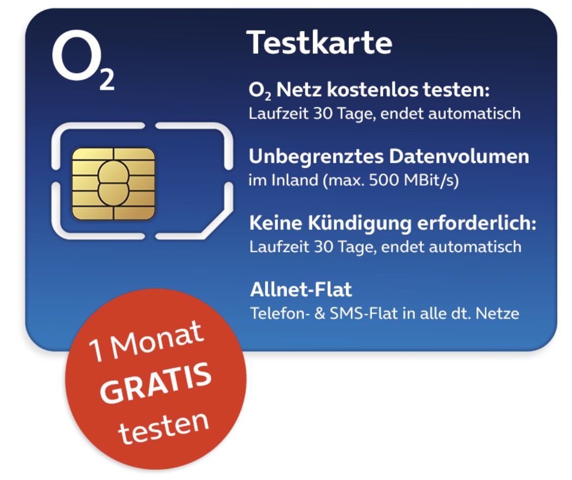 GRATIS! o2 Testkarte mit unlimited 5G/LTE Datenvolumen inkl. Allnet Flat (30 Tage)