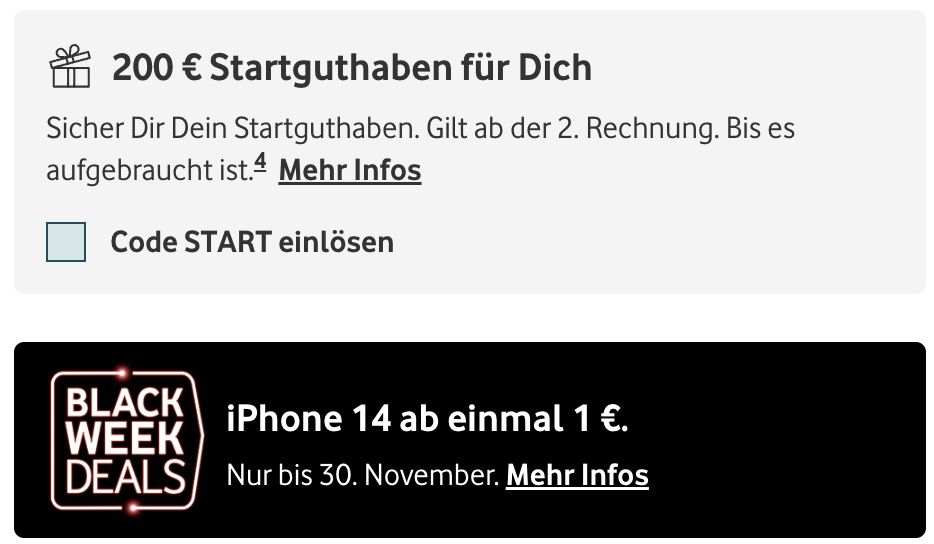 Apple iPhone 14 mit 256GB für 1€ + Vodafone Allnet Flat mit 200GB 5G/LTE für 79,99€ mtl. + 200€ Bonus