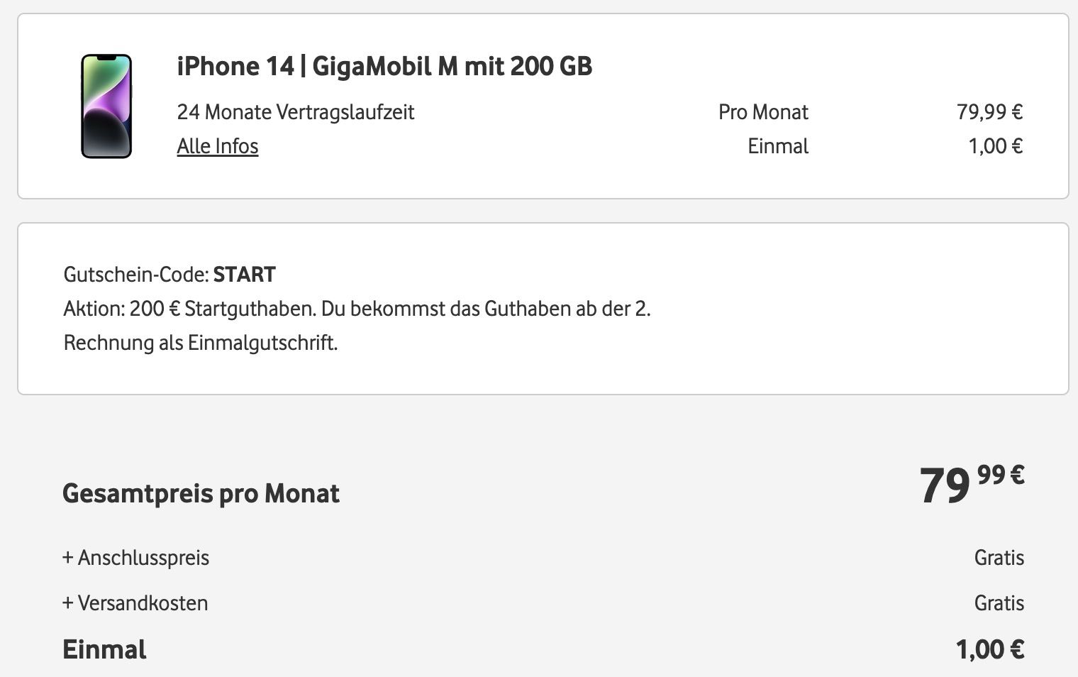 Apple iPhone 14 mit 256GB für 1€ + Vodafone Allnet Flat mit 200GB 5G/LTE für 79,99€ mtl. + 200€ Bonus