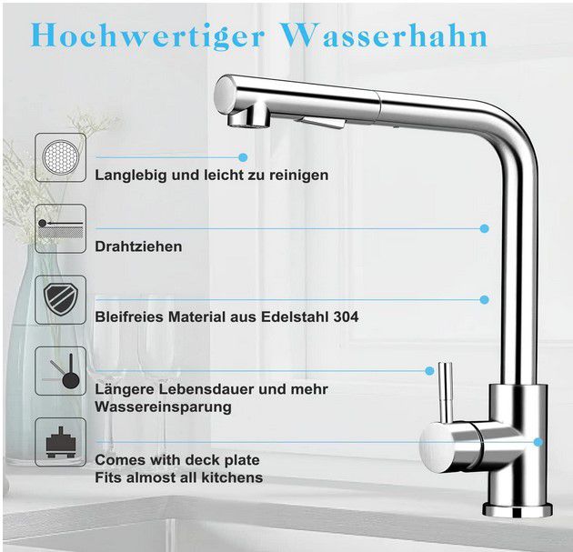 Mareston KT023 ausziehbare Edelstahl Küchenarmatur für 31,99€ (statt 80€)