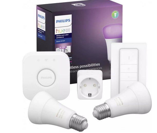 Philips Hue White & Color 2 x E27 + Bridge + Dimmer + SmartPlug für 95€ (statt 129€)