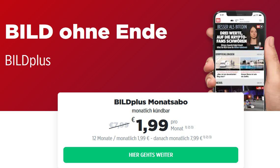BILDplus für nur 1,99€ mtl. (statt 7,99€)