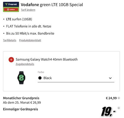 Samsung Galaxy S21 FE 5G + Watch4 40mm für 19€ + Vodafone Allnet Flat mit 10GB LTE für 24,99€ mtl.