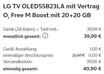 LG OLED55B23LA   55 OLED UHD TV für 40,90€ + O2 Free M 40GB für 39,99€ mtl.
