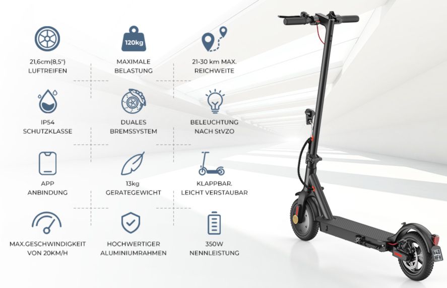 E Scooter E9 mit Straßenzulassung & 350 Watt für 298,99€ (statt 389€)
