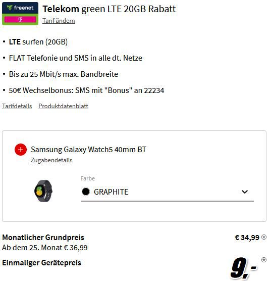 Samsung Galaxy S22 + Galaxy Watch5 für 9€ + Telekom Allnet Flat 20GB 5G/LTE für 34,99€ mtl.