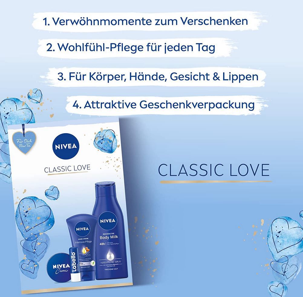 NIVEA Classic Love Set mit Handcreme, Body Lotion, Labello & Creme für 5,96€ (statt 10€)   Prime
