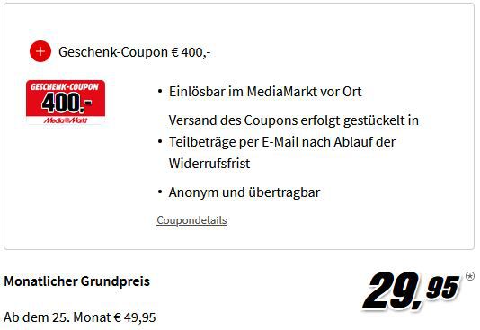 Telekom Allnet Flat mit 10GB LTE/5G für 29,95€ mtl. + 400€ MediaMarkt Gutschein