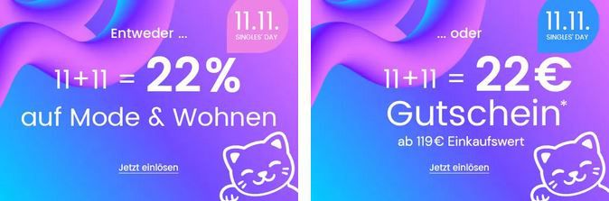 Quelle Singles Day: 22% Rabatt auf Mode + Wohnen oder 22€ ab 119€ Warenwert