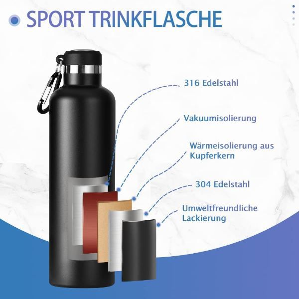 FEIJIAN Thermosflasche aus Edelstahl mit Karabiner   z.B. 1 Liter ab 12,59€ (statt 22€)