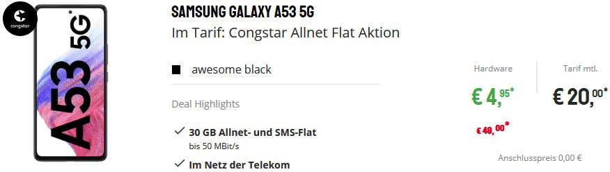 congstar Cyber Week mit Telekom Flat + 30GB LTE für 20€ mtl.   z.B. Google Pixel 6a für 4,95€