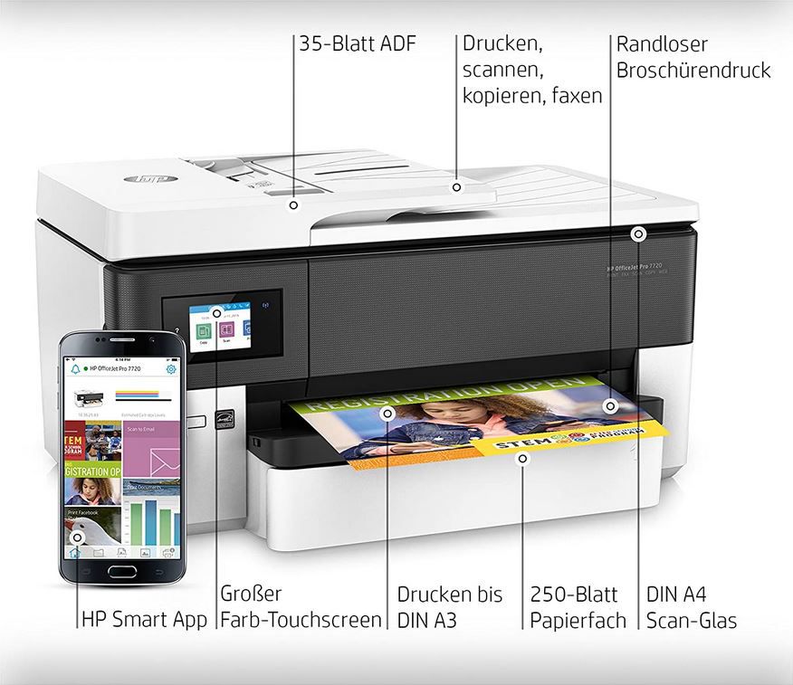 HP OfficeJet Pro 7720 A3 Multifunktionsdrucker mit WLAN, Duplex, Airprint für 144,53€ (statt 177€)