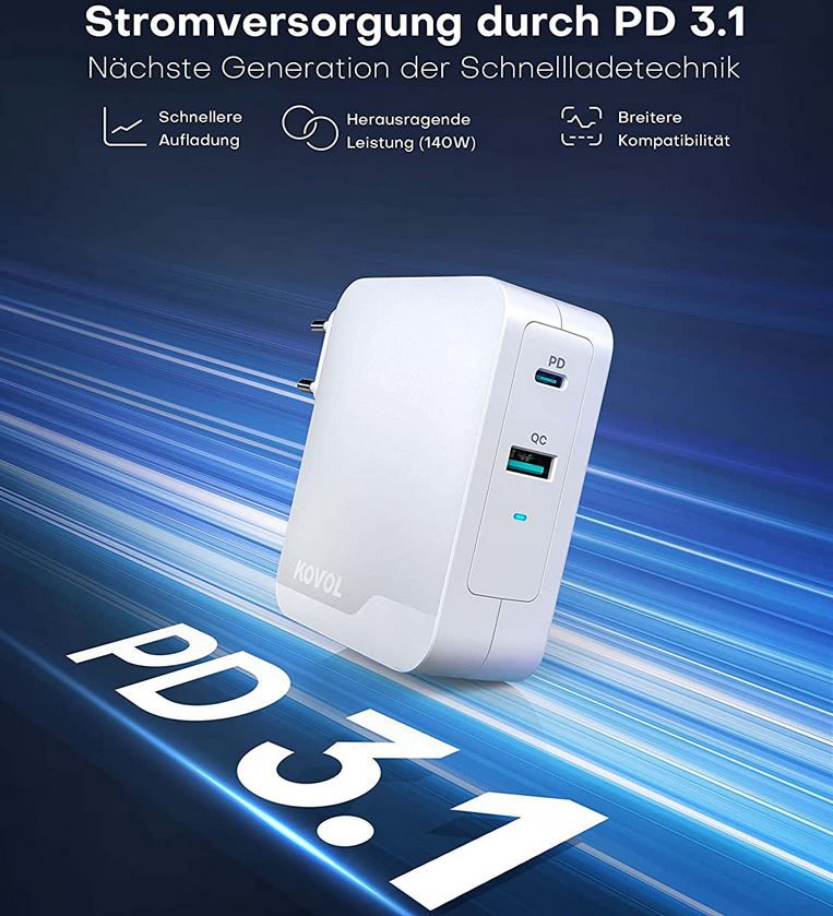 KOVOL 140W USB C/A Netzteil mit PD 3.1 GaN III für 47,99€ (statt 68€)