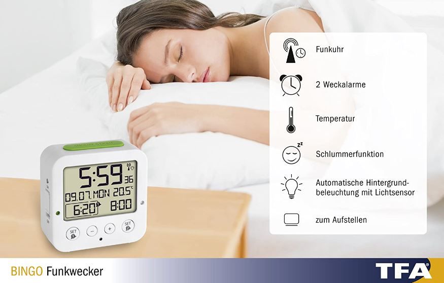 TFA Dostmann Bingo Funk Wecker mit Datum & Temperaturanzeige für 16,99€ (statt 22€)   Prime