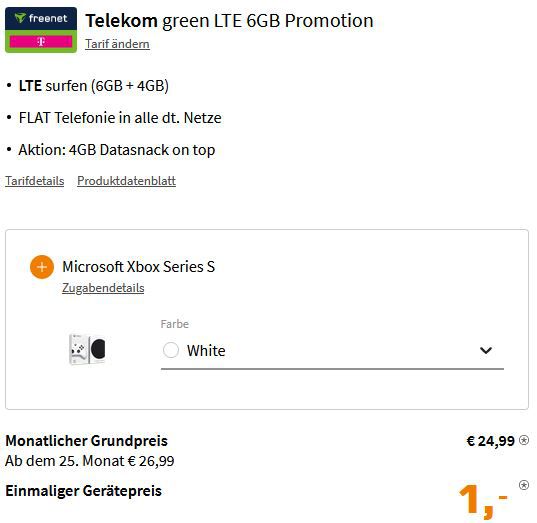 Samsung Galaxy S20 FE 5G + Xbox Series S für 1€ + Telekom 10GB LTE Allnet Flat 24,99€ mtl.