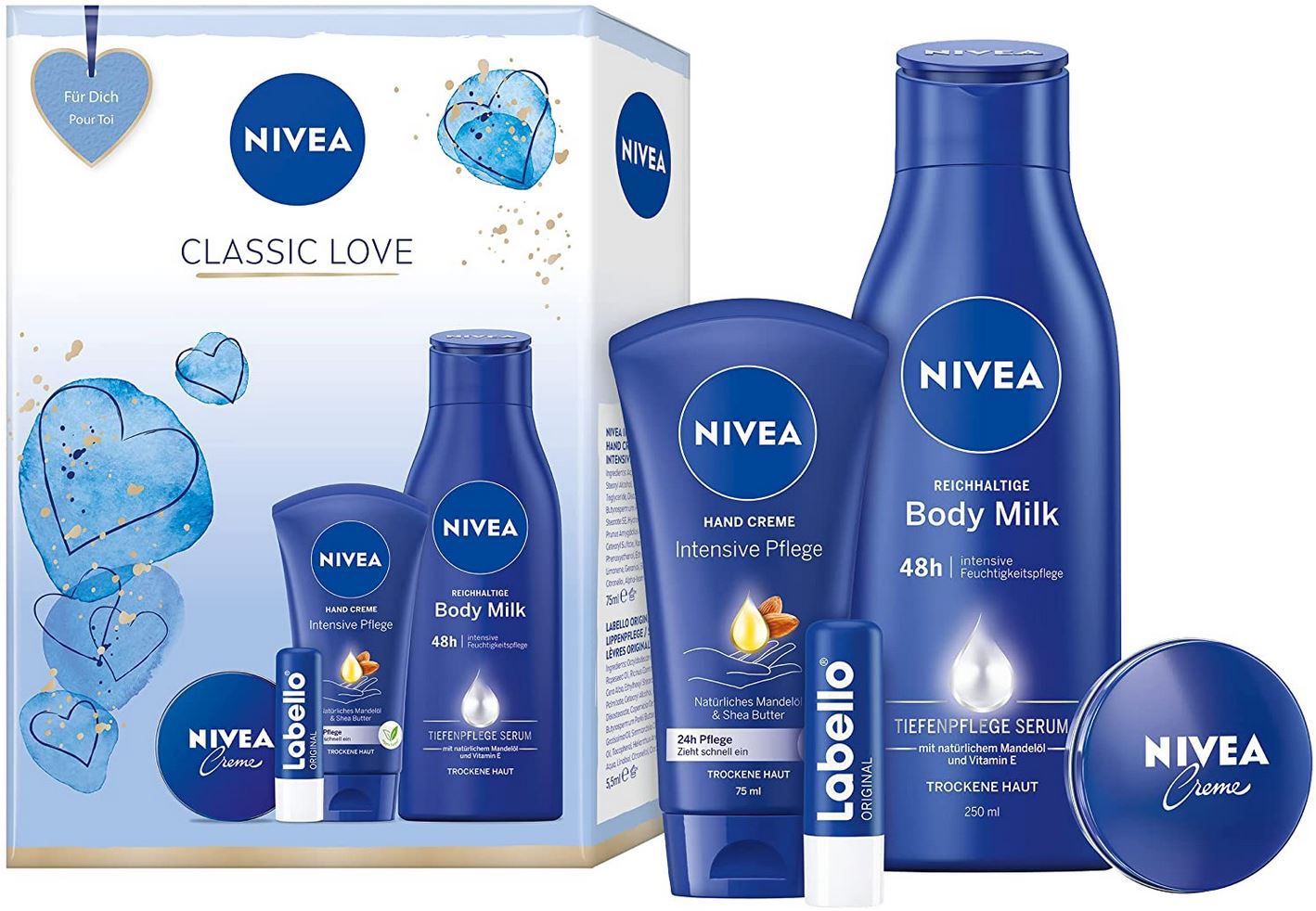 NIVEA Classic Love Set mit Handcreme, Body Lotion, Labello & Creme für 5,96€ (statt 10€)   Prime