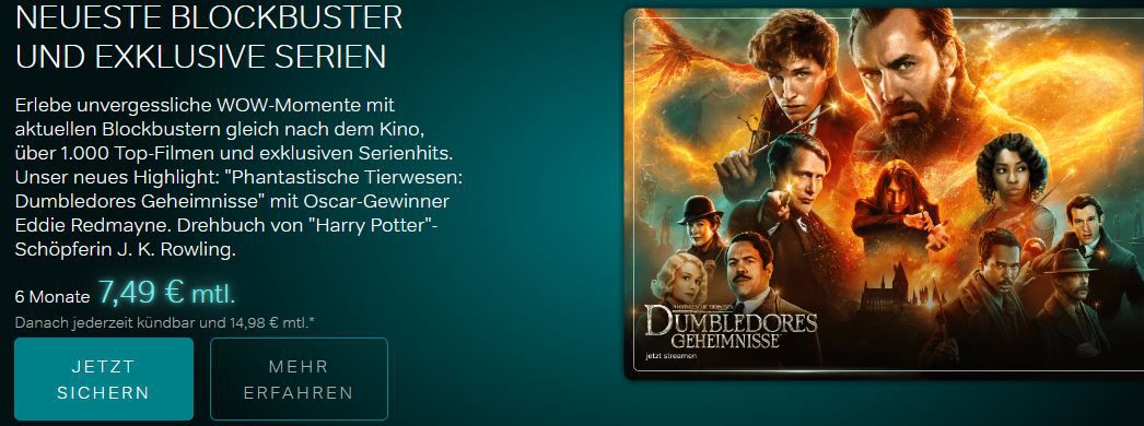 WOW TV: 50% auf 6 Monatsabos   z.B. 6 Mon. WOW Serien für 4,99€ mtl.