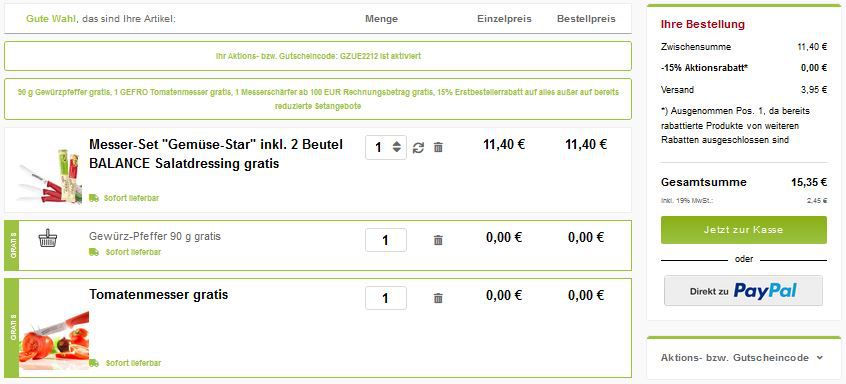 Gefro: 2x Tomatenmesser + 2x Gemüsemesser + Dressing + 90g Pfeffer für 15,35€ (statt 21€)