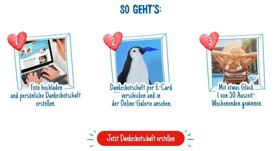 Mit kinder Pinguí gratis Dankesbotschaft gestalten & Gewinnspielteilnahme