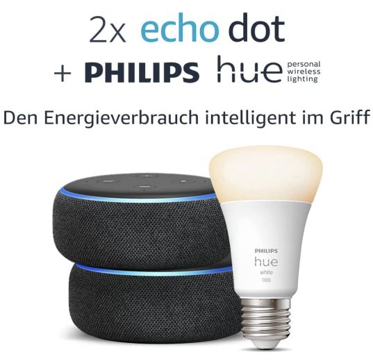 2 x Echo Dot (3. Gen.) + Philips Hue White Smart Lampe (E27) für 34,98€ (statt 75€)