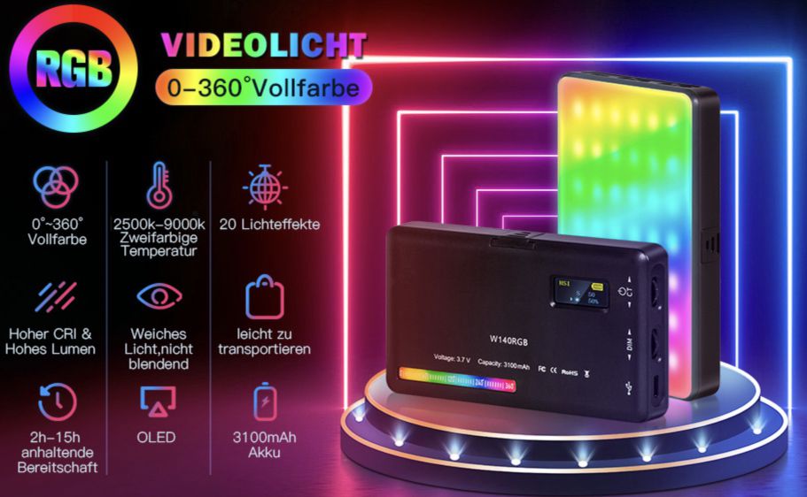 GIANTARM LED RGB Videoleuchte mit 3.100 mAh Akku für 29,99€ (statt 43€)