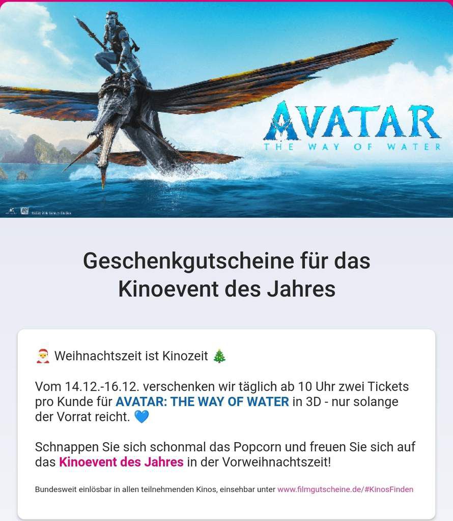 Telekom Kunden: GRATIS 2 Kinotickets für Avatar: The Way Of Water