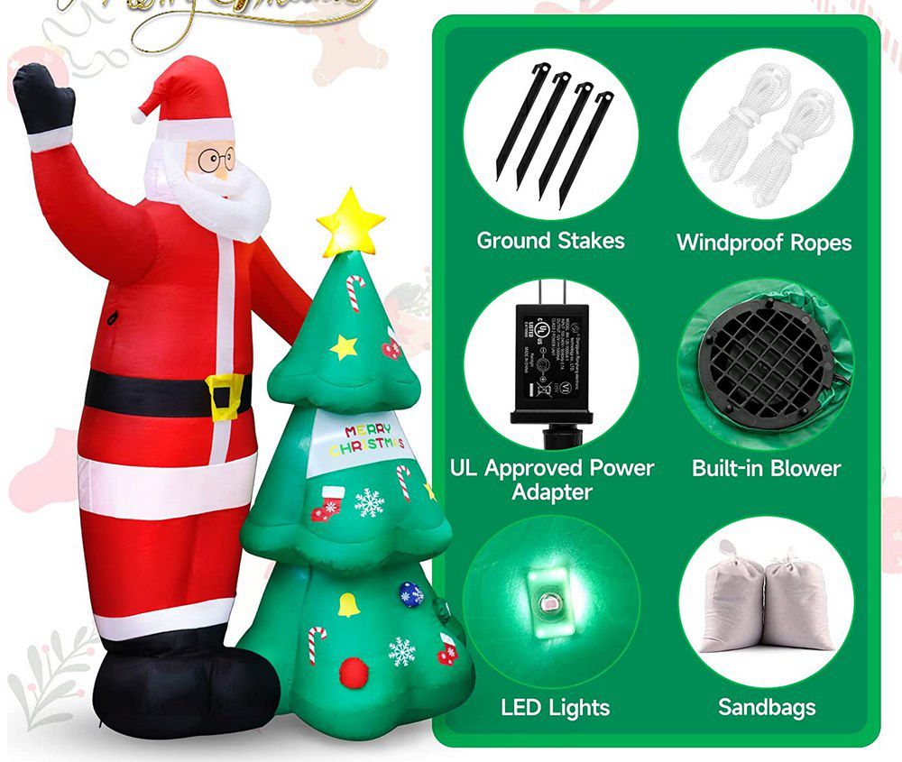 Aufblasbarer Weihnachtsmann + Weihnachtsbaum (240cm) mit Beleuchtung + Pumpe für 31,19€ (statt 50€)