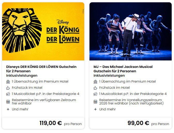 🎁 Geschenkidee: Musical, Freizeit und Reisegutscheine inkl. ÜN im Premium Hotel ab 59€ p.P. 🎁 Geschenkidee: Musical, Freizeit und Reisegutscheine inkl. ÜN im Premium Hotel ab 59€ p.P.
