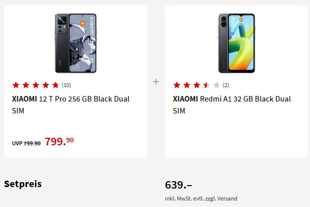 XIAOMI 12 T Pro mit 256 GB + XIAOMI Redmi A1 mit 32GB für 639€ (statt 723€)