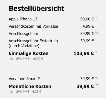 Apple iPhone 13 mit 128GB für 99€ + Vodafone Allnet Flat mit 65GB 5G/LTE für 39,99€ mtl.