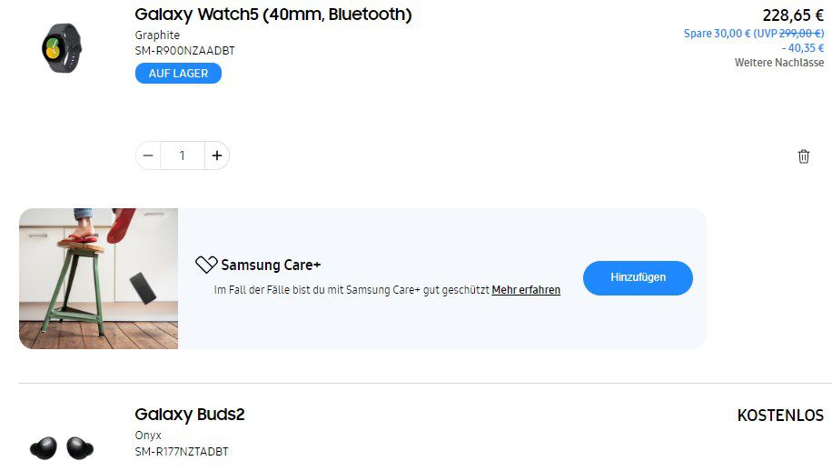 Samsung Galaxy Watch5 40mm BT + Samsung Galaxy Buds2 für 228,65€ (statt 261€)