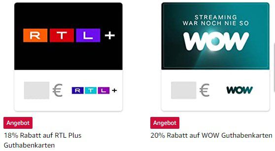 Bei Amazon bis zu 20% Rabatt auf Geschenkkarten für Streaming Dienste   z.B. WOW, RTL+ oder waipu.tv