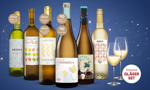 2x Vinos Festwein Paket mit 12 Flaschen Weißwein + 4 Gläser Gratis für 49,98€