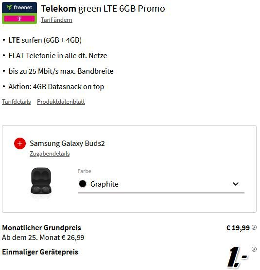 Samsung Galaxy S20 FE 128GB + Galaxy Buds2 für 1€ + Telekom Allnet Flat mit 10GB LTE für 19,99€ mtl.