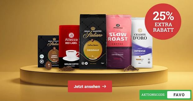 Kaffeevorteil: 25% Extra Rabatt auf Kaffee   z.B. 4 x 1Kg Altezza Bohnenkaffee für 44€ (statt 54€)